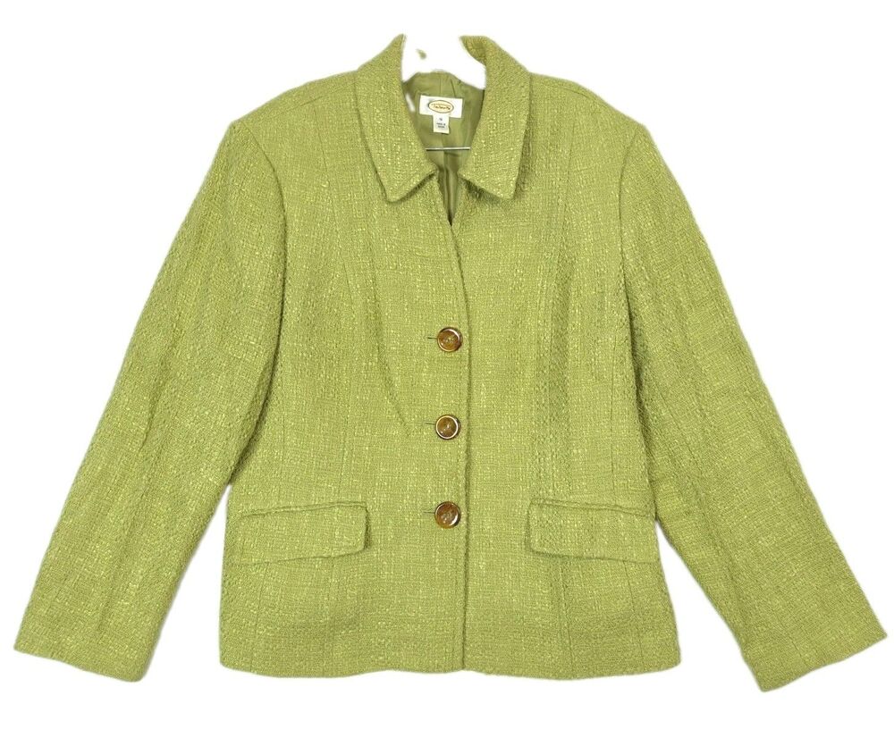 Vintage Talbots Womens 16 Tweed Blazer Lime Green Single Breasted Italian Fabric